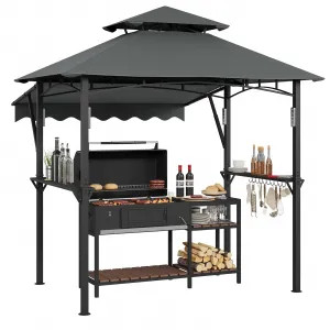 8' x 5' Grill Gazebo Canopy with 7' x 3' Awning, Heavy-Duty Q235 Steel Frame, Double-Tiered Waterproof Roof, Shelves & LED Lights, Grey, Patio BBQ