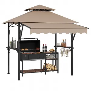 Steel Grill Gazebo 8'x5' with Double-Tier Roof & Awning, Q235 Steel Frame, Waterproof Canopy, Shelves & Hooks, LED Lights, Patio Backyard BBQ