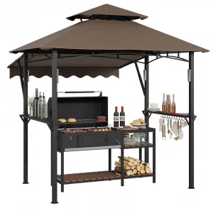 8' x 5' Grill Gazebo Canopy with 7' x 3' Awning, Heavy-Duty Q235 Steel Frame, Waterproof UV-Resistant Double-Tiered Roof, Shelves & LED Lights for Patio BBQ