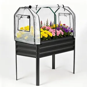 Galvanized Raised Garden Bed with Greenhouse Cover – Elevated Planter Box with Legs, Built-in Spray Tube, 400lb Capacity, Perfect for Patio, Backyard, or Balcony – Black, 48x24x55in