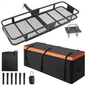 Hitch Mount Cargo Carrier Basket (60" x 20" x 5.9") – 200 lbs Capacity, Includes 15 Cubic Feet Waterproof Bag, Hitch Stabilizer, Net & Straps, 2-Inch Folding Shank, Steel Construction