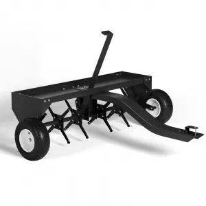 48" Tow Behind Lawn Plug Aerator with Steel Tines, Adjustable Weight Tray, Universal Hitch and Inflatable Wheels