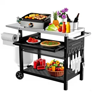 Stainless Steel Outdoor Picnic Table with 3 Shelves & Pegboard, Adjustable Drawer, Rust-Resistant Steel, Mobile Grill Cart with Wheels & Handles for Garden BBQ