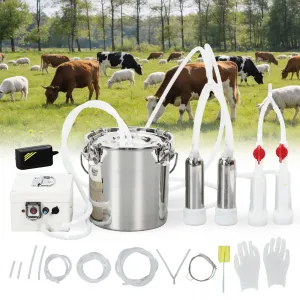 Electric Milking Machine for Cows & Goats – 6L Stainless Steel Bucket, 2-in-1 Automatic Pulsation, 4 Teat Cups, Portable Rechargeable Milker, Adjustable Suction, Built-in 12V 8000mAh Battery, US Standard