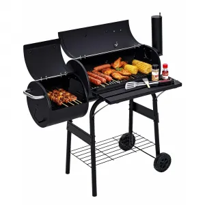 Charcoal Grills with Offset Smoker, Outdoor BBQ Grill Combo for Camping Picnic Patio Backyard, Black, Portable with Handle and Wheels