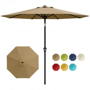 9FT Tan Khaki Patio Umbrella Outdoor Table - Market Parasol with Crank Lift, Push Button Tilt, UV Protection, Waterproof Vented Canopy & 8 Sturdy Iron Ribs for Pool, Deck, Yard, Garden