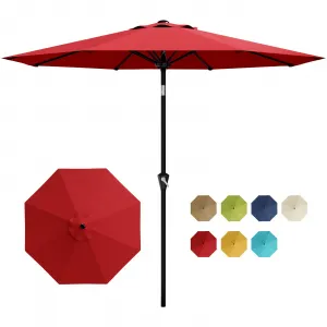 9FT Red Outdoor Patio Umbrella - Waterproof Market Table Parasol with Smooth Crank Lift, Push Button Tilt, UPF UV Protection, 8 Sturdy Iron Ribs, Vented Canopy for Deck, Pool, Garden, Yard
