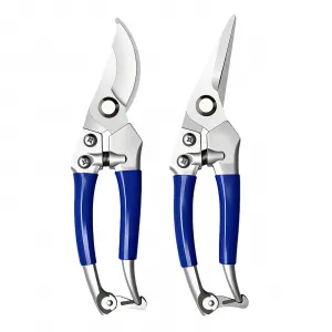 Pruning Shears Set 2-Pack, Curved & Straight Garden Clippers, Zinc Alloy Blades, Ergonomic Grip, Bypass Pruners for Plants, Flowers & Branches