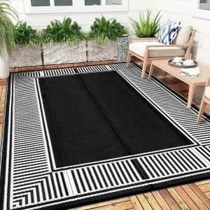 Waterproof Reversible Outdoor Rug 9x12ft - Black & White Plastic Straw Area Mat - Modern Striped Edge, Mark Resistant, Collapsible - Ideal for Patio, Garden, Deck, RV, Backyard