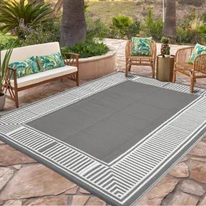 Reversible Waterproof Outdoor Rug - Grey & White Plastic Straw Mat for Patio, Deck, Garden, RV, Balcony - Modern Striped Geometric Design, Easy to Clean, Collapsible, Washable, 10x14ft