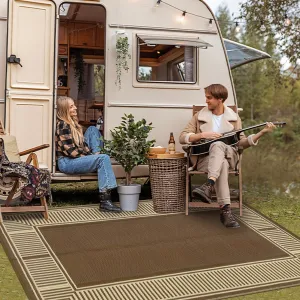 Reversible Outdoor Plastic Straw Rug - Modern Brown Coffee Striped Patio Carpet - Waterproof, Washable, Non-Slip, Collapsible - Ideal for Garden, Deck, RV, Balcony, 9x18ft