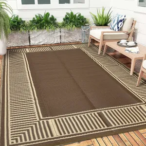 Weatherproof Outdoor Area Rug – Modern Striped Edge Plastic Mat – Easy Clean, Non-Slip, Sturdy Brown Coffee Carpet – Patio, Garden, Deck, Picnic