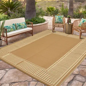 Waterproof Outdoor Area Rug - 10x20 Brown Coffee Plastic Straw Mat - UV Resistant, Non-Slip, Collapsible, Easy to Clean - Striped Edge, Sturdy Color for Patio, Garden, Deck, Camping