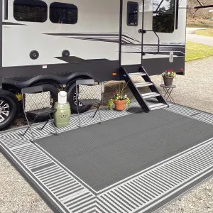 Reversible Waterproof Outdoor Rug Gray 9x12ft – Modern Grey & White Plastic Straw Mat – Mark & UV Resistant, Collapsible & Easy to Clean – Ideal for Patio, Deck, Camping, Porch