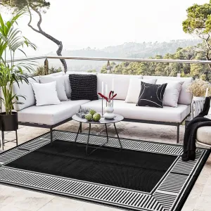 Waterproof Reversible Outdoor Rug 8x10ft – Black and White Geometric Plastic Mat, UV Resistant, Easy to Clean, Collapsible – Great for Patio, Deck, Porch, Backyard, Camping, RV, Beach – Black and White, 8x10ft