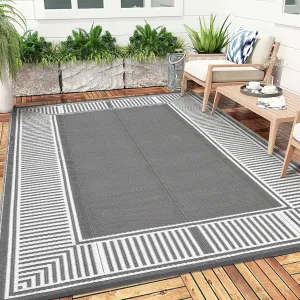 Reversible Waterproof Outdoor Rug 9x18ft - Modern Grey & White Plastic Straw Mat - UV Resistant, Easy Clean, Collapsible - Patio, Garden, RV, Camping, Porch, Deck
