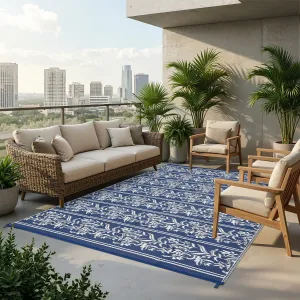 Waterproof Reversible Outdoor Rug - Boho Leaf Design - Large, UV & Mark Resistant, Collapsible Plastic Area Mat with Stakes & Storage Bag for Patio, RV, Camping, Deck, Balcony, 9x18ft, Navy Blue/White