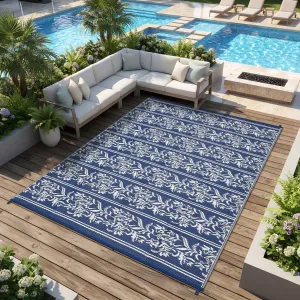 Waterproof Reversible Outdoor Rug - Boho Leaf Design - UV & Mark Resistant Plastic Straw Patio Carpet with Stakes & Storage Bag, Lightweight, Washable for RV, Camping, Deck, Balcony, 8x10ft, Navy Blue/White
