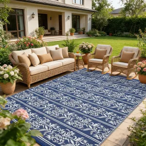 Waterproof Reversible Outdoor Rug - Boho Leaf Design - Mark & UV Resistant Plastic Mat with 4 Stakes & Storage Bag, Collapsible, Lightweight Patio Carpet for Camping, RV, Picnic, Balcony, Deck -  9x12ft, Navy Blue/White