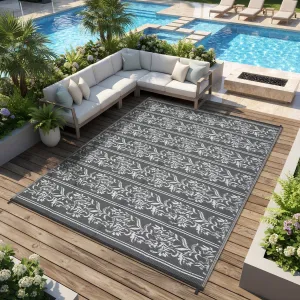 Waterproof Reversible Outdoor Rug - Boho Leaf Design - UV & Mark Resistant, Lightweight, Collapsible Plastic Patio Carpet for Camping, Picnic, Balcony, Deck, Backyard, 8x10ft, Grey White