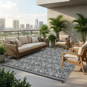 Waterproof Reversible Outdoor Rug - Boho Leaf Design - Large, UV & Mark Resistant, Collapsible Plastic Patio Carpet with Stakes & Storage Bag for RV, Camping, Deck, Balcony, Backyard ,9x18ft, Grey White