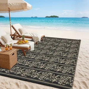 Waterproof Reversible Outdoor Rug - Boho Leaf Design - Large, UV & Mark Resistant, Washable Plastic Patio Mat with 4 Stakes & Storage Bag for RV, Camping, Deck, Balcony, Backyard, 9x18ft, Black Coffee