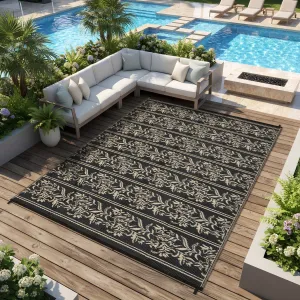 Waterproof Reversible Outdoor Rug - Boho Leaf Design - UV & Mark Resistant, Collapsible Plastic Patio Mat with Stakes & Storage Bag for Camping, RV, Balcony, Deck, Backyard - 8x10ft, Black Coffee