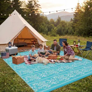 Waterproof Reversible Outdoor Rug - Boho Leaf Design - Large, UV & Mark Resistant, Washable Plastic Patio Carpet with 4 Stakes & Storage Bag for Camping, RV, Deck, Balcony, Backyard, 8x10ft, Light Blue/White