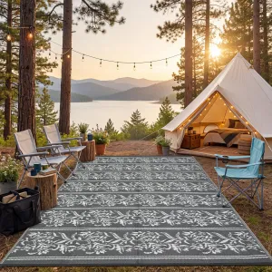 Waterproof Reversible Outdoor Rug - Boho Leaf Design - UV & Mark Resistant, Lightweight, Collapsible Plastic Patio Carpet with 4 Stakes & Storage Bag - Ideal for Camping, RV, Deck, Balcony, 9x12ft, Grey White