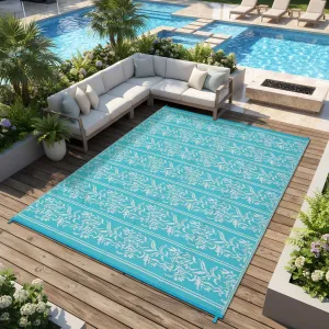 Waterproof Reversible Outdoor Rug - Boho Leaf Design - Lightweight, Collapsible Plastic Straw Mat with Stakes & Storage Bag, Mark & UV Resistant Carpet for Patio, RV, Camping, Balcony, Deck, Backyard, 9x12ft