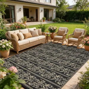 Waterproof Reversible Outdoor Rug - Boho Leaf Design - Large, UV & Mark Resistant, Collapsible Plastic Area Mat with 4 Stakes & Storage Bag for Camping, RV, Deck, Balcony, Backyard,9x12ft, Black Coffee
