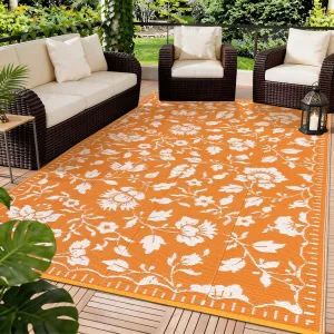 10x14 Orange&White Outdoor Rug Waterproof Reversible, Floral Plastic Straw Patio Rug, Foldable Outdoor Area Rug for RV Camping, Picnic, Beach, Balcony, Deck & Garden
