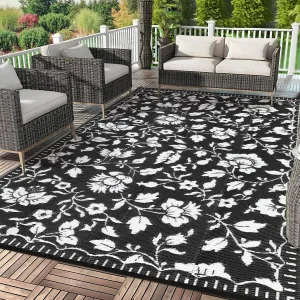 10x14 Black&White Outdoor Rug Waterproof Reversible, Floral Plastic Straw Patio Rug, Foldable Outdoor Area Rug for RV Camping, Picnic, Beach, Balcony, Deck & Garden