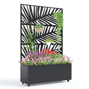 Metal Planter Box with Trellis and Wheels, 71"x47"x16" Raised Garden Bed for Climbing Plants, Vegetables, Vines, Privacy Planters for Patio with Drainage Holes, 15.7" Deep Planting Bed