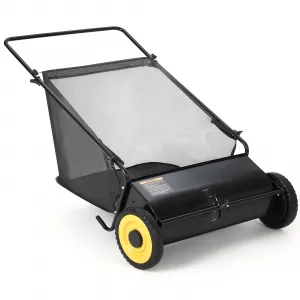 Efficient 21-Inch Push Lawn Sweeper – Heavy Duty Steel Yard Collector – 4 Spinning Brushes – 3.5 Cu. ft Large Grass Cutter Bag – Strong Rubber Wheels – Black with Yellow Hub