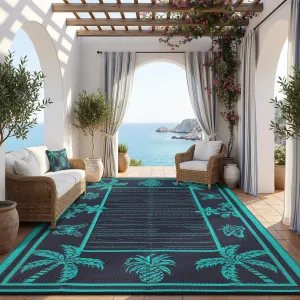 Outdoor Rug 9x12 Waterproof Reversible Plastic Straw Tropical Leaf Design UV-Resistant Patio Deck Camping Mat