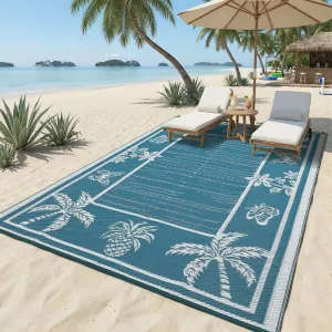 Outdoor Rug 8x10 Waterproof Reversible Tropical Leaf Plastic Straw Durable Patio Deck Camping Mat Blue/White