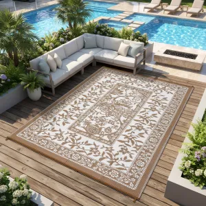 Reversible Outdoor Rug 8x10ft, Brown/White - Waterproof UV-Resistant Plastic Mat, Easy Clean, Low Pile Portable Carpet for Patio, Garden, Camping