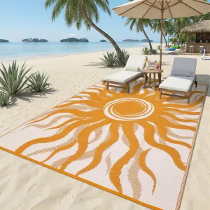 Outdoor Rug 9x12 Waterproof Patio Rug with Boho Sun Pattern, Reversible, UV-Resistant, Plastic Straw, Lightweight & Portable, Ideal for Deck & Camping