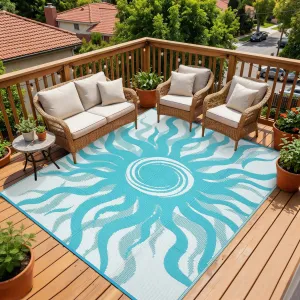 Outdoor Rug 8x10 Waterproof Boho Sun Pattern Reversible Plastic Straw UV-Resistant Lightweight Patio Deck Camping Mat