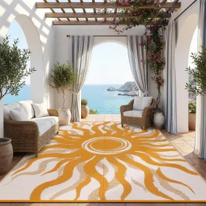Outdoor Rug 8x10 Waterproof Boho Sun Pattern Reversible Plastic Straw UV-Resistant Lightweight Patio Mat for Deck Picnic Beach