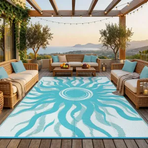 Outdoor Rug 9x12 Waterproof Patio Rug with Boho Sun Pattern, Reversible, Plastic Straw, UV-Resistant, Lightweight, Portable for Deck & Camping