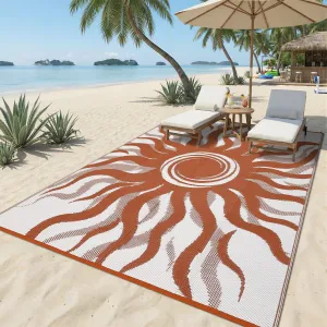 Outdoor Rug 9x12 Waterproof Patio Rug with Boho Sun Pattern, Reversible, UV-Resistant, Plastic Straw, Lightweight & Portable, Ideal for Deck and Camping