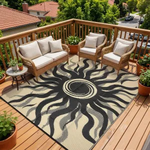 Outdoor Rug 8x10 Waterproof Boho Sun Pattern Reversible Plastic Straw UV-Resistant Lightweight Patio Mat for Deck Backyard Picnic