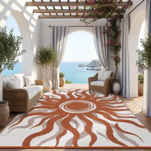 Outdoor Rug 8x10 Waterproof Patio Rug with Boho Sun Pattern, Reversible Plastic Straw, UV-Resistant, Lightweight, Foldable for Camping and Backyard