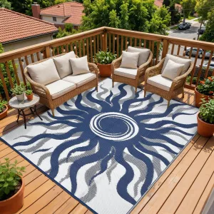 Outdoor Rug 8x10 Waterproof Patio Rug with Boho Sun Pattern, Reversible, UV-Resistant, Plastic Straw, Lightweight & Portable, Navy Blue, Ideal for Deck & Picnic