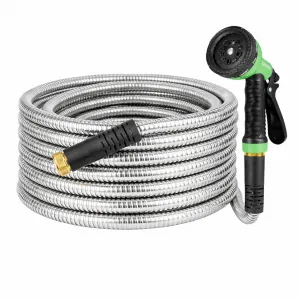 25FT Heavy Duty Stainless Steel Garden Hose – Flexible, Kink-Free Metal Water Hose with 10-Function Spray Nozzle, Rust-Proof, Sturdy Brass 3/4'' Connectors – 25FT