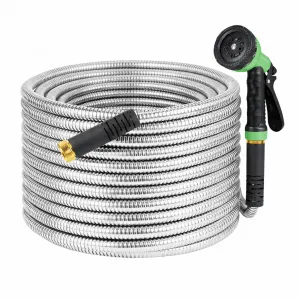 50FT Heavy Duty Stainless Steel Garden Hose – Flexible, Kink-Free Metal Water Hose with 10-Function Nozzle, Leak-Proof, Rust-Proof, Lightweight, Sturdy Brass 3/4'' Connectors – 50FT