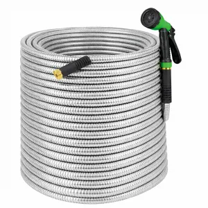 150FT Heavy Duty Stainless Steel Garden Hose – Flexible, Kink-Free Metal Water Hose with 10-Function Leak-Proof Spray Nozzle, Sturdy Brass 3/4'' Connectors – 150FT