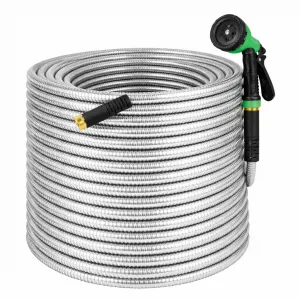 100FT Heavy Duty Stainless Steel Garden Hose – Flexible, Kink-Free Metal Water Hose with 10-Function Leak-Proof Spray Nozzle, Sturdy Brass 3/4'' Connectors – 100FT